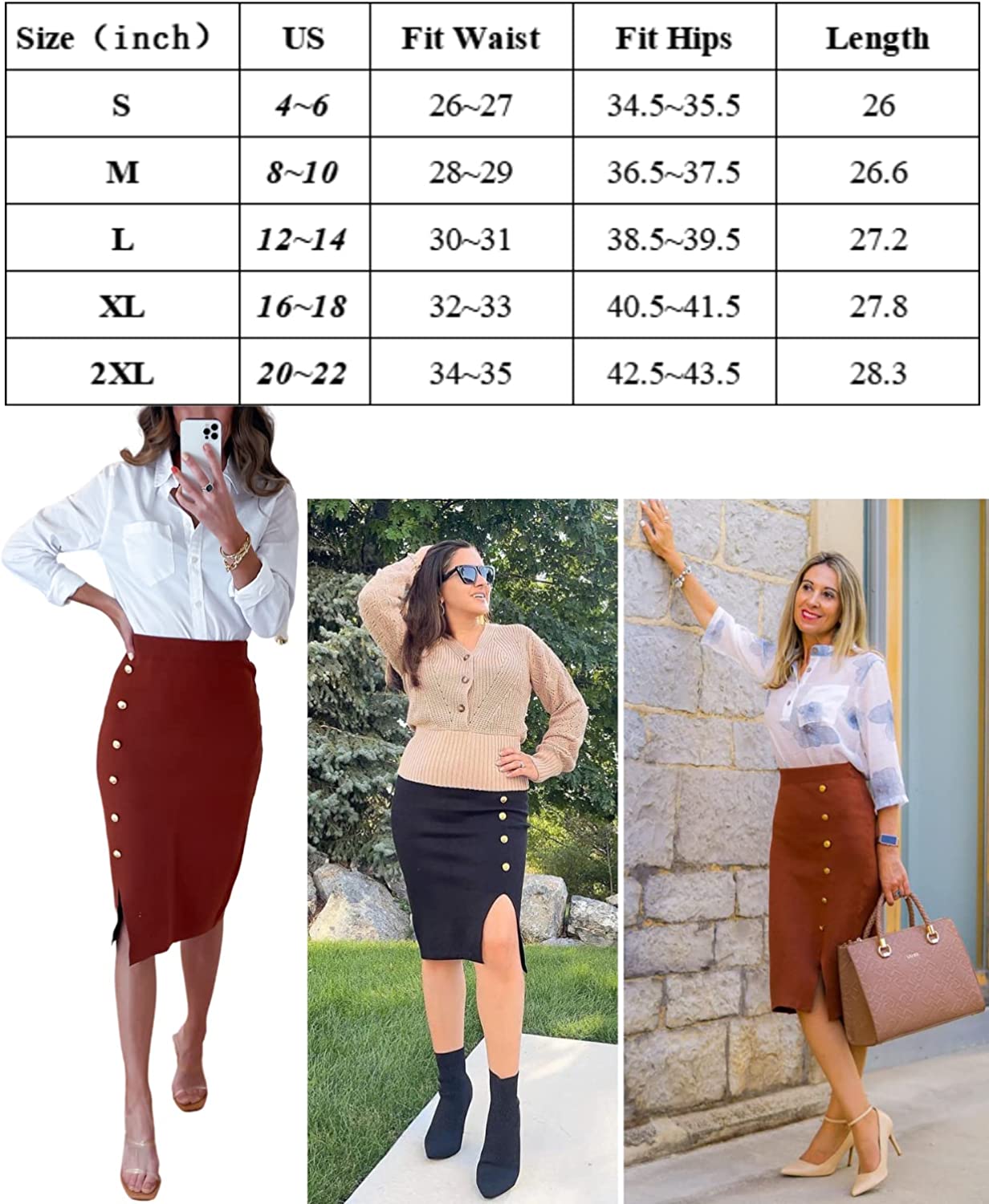Kate Kasin Women Knit Pencil Skirt Knee Length High Waisted Slit Bodycon Sweater Skirts with Buttons - Image 6